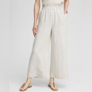 Chico's Linen Pull On Wide Leg Culotte Pants Oatmeal Stripe size 14
